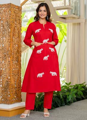 Red embroidered cotton co-ord set 2