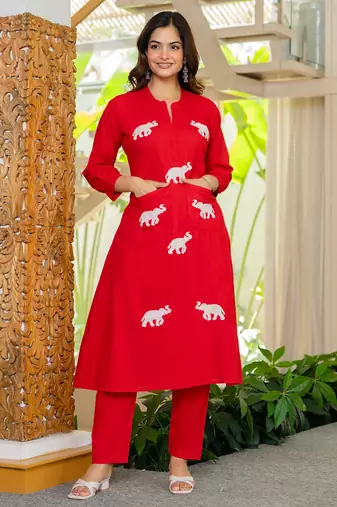 Red embroidered cotton co-ord set