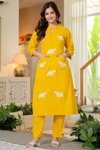 Yellow embroidered cotton co-ord set