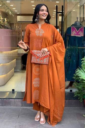 Rust orange embroidered cotton suit set with dupatta