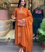 Rust orange embroidered cotton suit set with dupatta