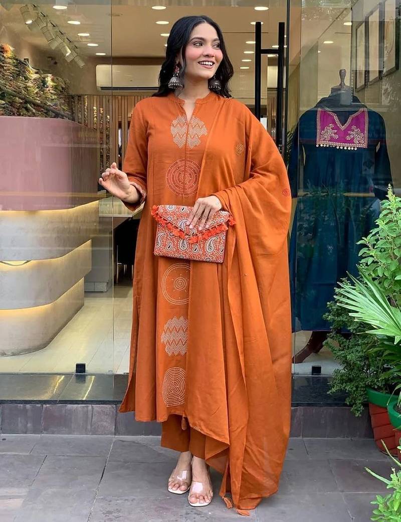 Rust orange embroidered cotton suit set with dupatta