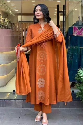 Rust orange embroidered cotton suit set with dupatta