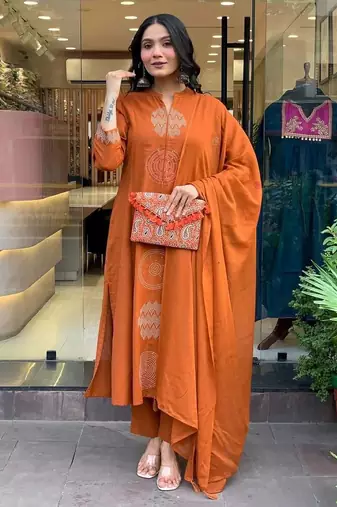Rust orange embroidered cotton suit set with dupatta