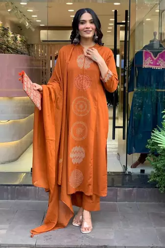 Rust orange embroidered cotton suit set with dupatta