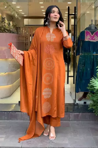 Rust orange embroidered cotton suit set with dupatta