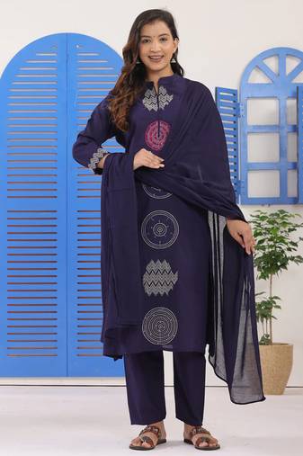 Navy blue embroidered cotton suit set with dupatta