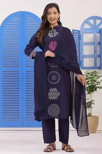 Navy blue embroidered cotton suit set with dupatta