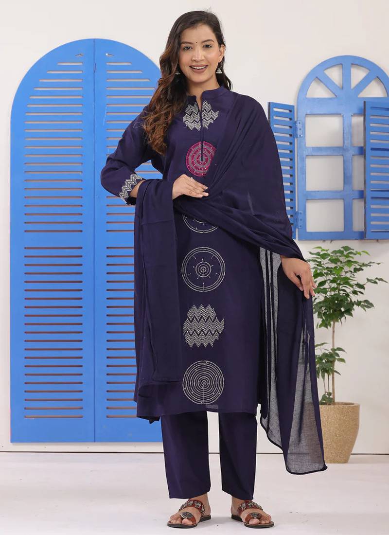 Navy blue embroidered cotton suit set with dupatta