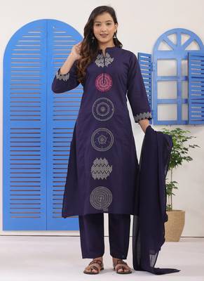 Navy blue embroidered cotton suit set with dupatta 3