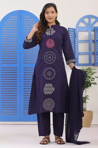 Navy blue embroidered cotton suit set with dupatta