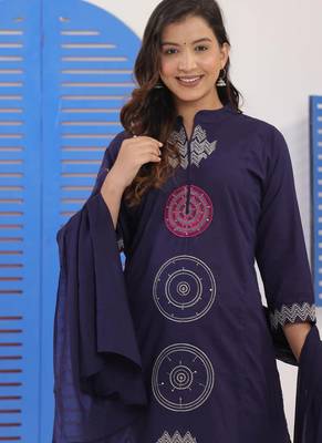 Navy blue embroidered cotton suit set with dupatta 4
