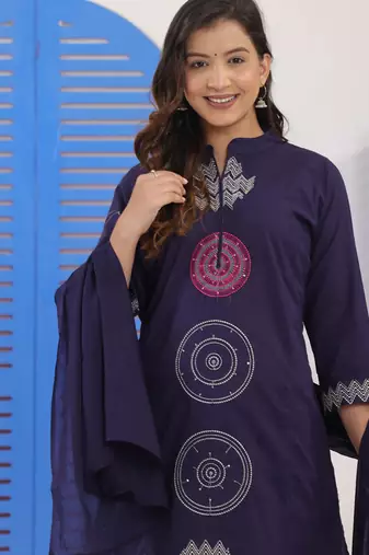 Navy blue embroidered cotton suit set with dupatta