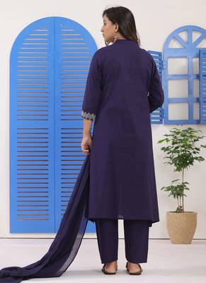 Navy blue embroidered cotton suit set with dupatta 5