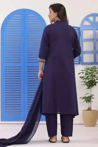 Navy blue embroidered cotton suit set with dupatta