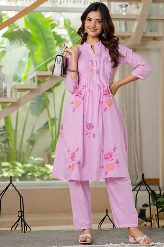 Pink embroidered printx work cotton co-ord set