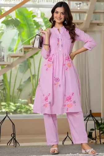 Pink embroidered printx work cotton co-ord set