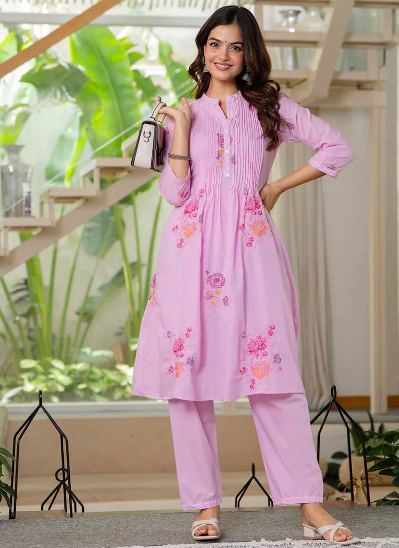 Pink embroidered printx work cotton co-ord set