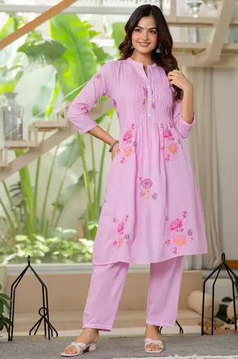 Pink embroidered printx work cotton co-ord set