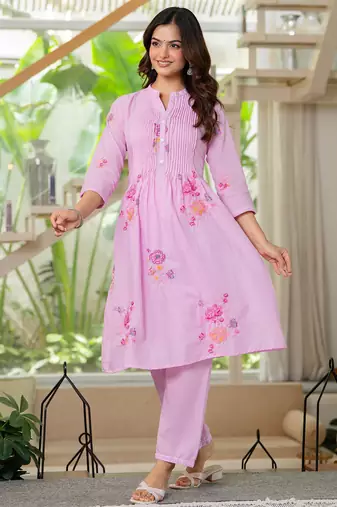 Pink embroidered printx work cotton co-ord set