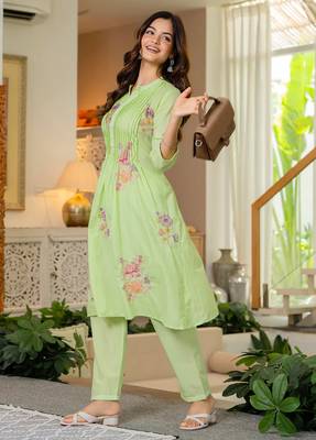 Green embroidered printx work cotton co-ord set 1