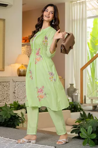 Green embroidered printx work cotton co-ord set