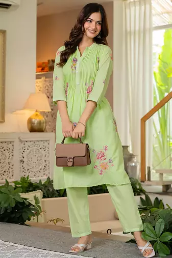 Green embroidered printx work cotton co-ord set