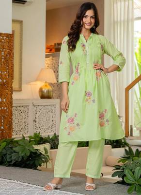 Green embroidered printx work cotton co-ord set 3