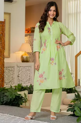 Green embroidered printx work cotton co-ord set