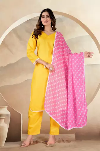 Yellow color polyester cotton kurti pant & printed dupatta