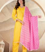 Yellow color polyester cotton kurti pant & printed dupatta