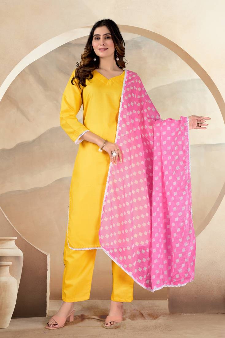 Yellow color polyester cotton kurti pant & printed dupatta