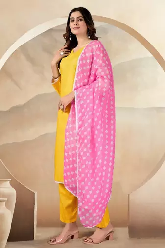 Yellow color polyester cotton kurti pant & printed dupatta