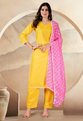 Yellow polyester cotton kurti pant & printed dupatta 4