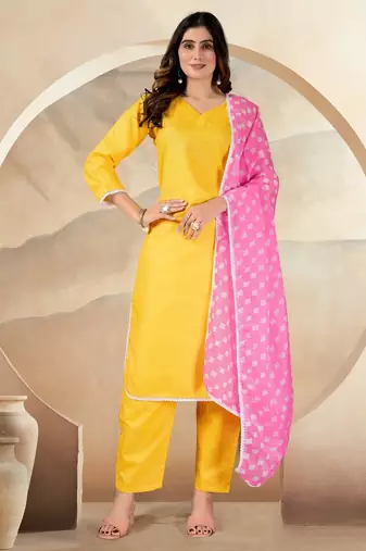 Yellow color polyester cotton kurti pant & printed dupatta