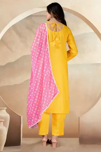 Yellow color polyester cotton kurti pant & printed dupatta