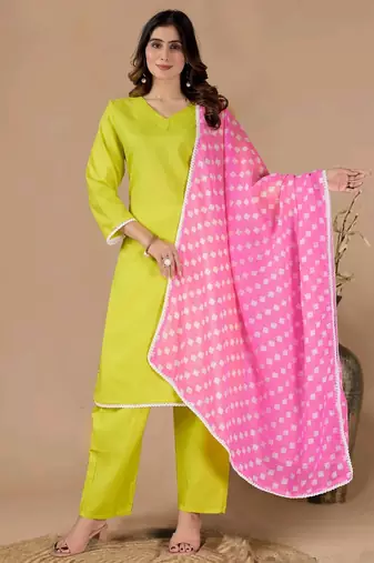 Green color polyester cotton kurti pant & printed dupatta