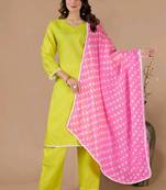 Green color polyester cotton kurti pant & printed dupatta