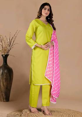 Green color polyester cotton kurti pant & printed dupatta 2