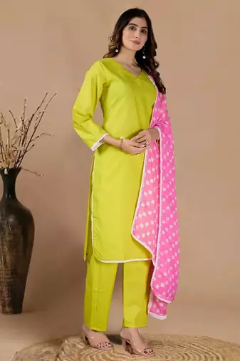 Green color polyester cotton kurti pant & printed dupatta