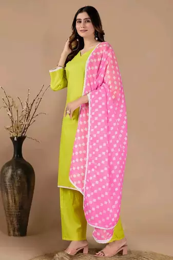 Green color polyester cotton kurti pant & printed dupatta