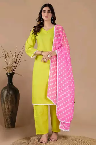 Green color polyester cotton kurti pant & printed dupatta