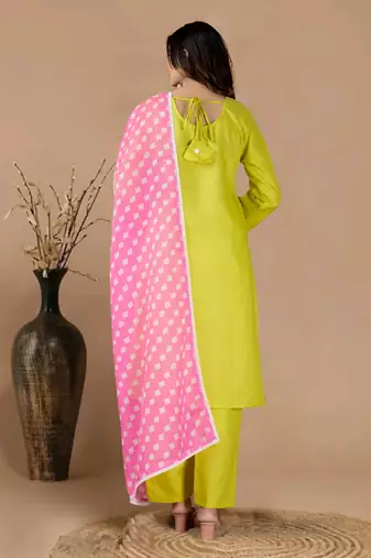 Green color polyester cotton kurti pant & printed dupatta