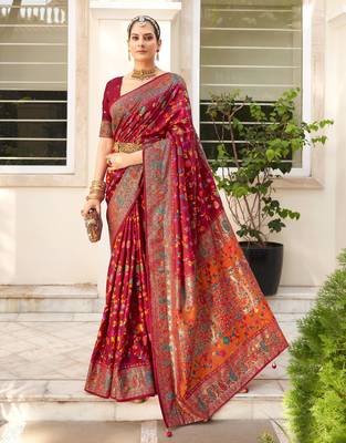 multicolor dola silk blend zari border and pallu work saree 1