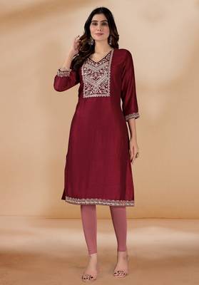 Maroon color vichitra silk blend v neck embroidered kurti 1
