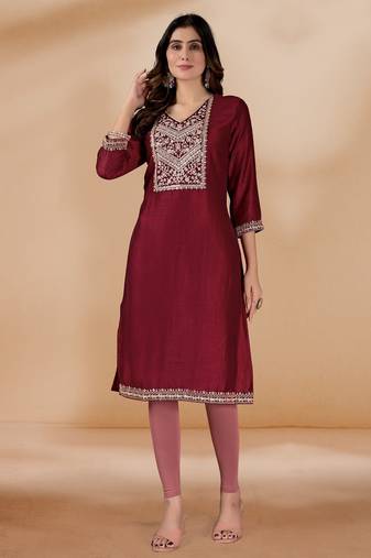 Maroon color vichitra silk blend v neck embroidered kurti