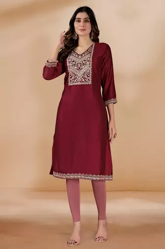 Maroon color vichitra silk blend v neck embroidered kurti