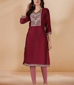 Maroon color vichitra silk blend v neck embroidered kurti