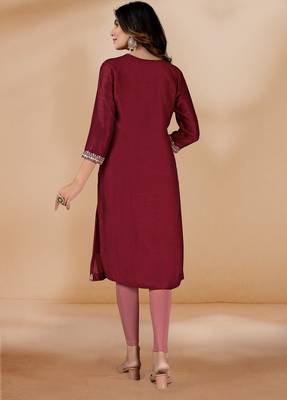 Maroon color vichitra silk blend v neck embroidered kurti 2