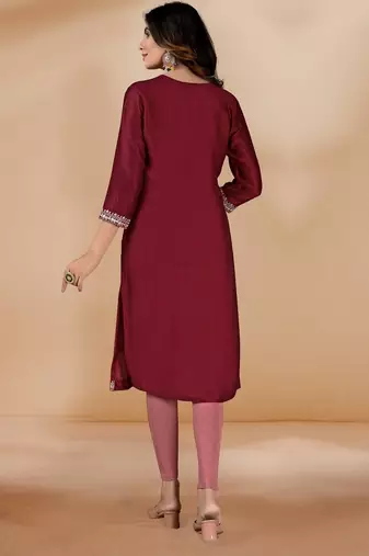 Maroon color vichitra silk blend v neck embroidered kurti